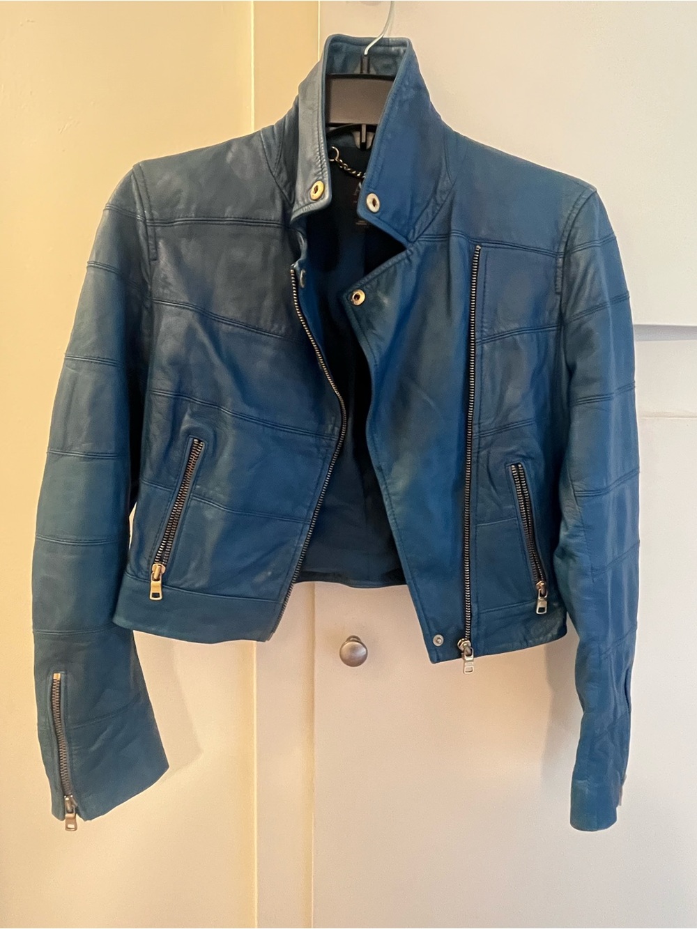 Armani Exchange Teal Blue Leather Moto Jacket